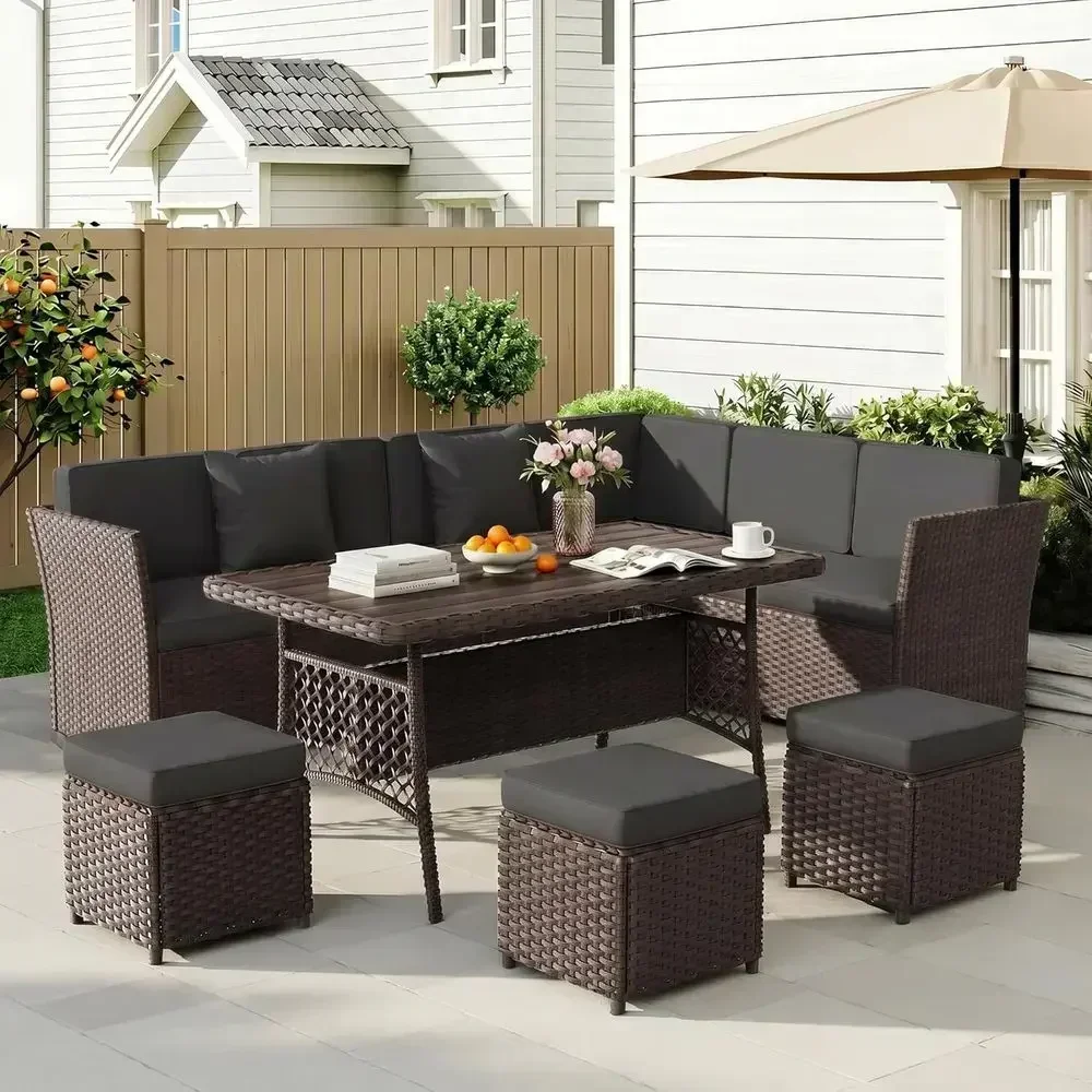 グレーとブラウンの7点セットの屋外用ウィッカー製パティオ家具 - Outdoor Furniture Metal Chairs のレビューと価格